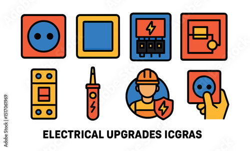 Flat vector icons of electrical upgrades: wall socket, light switch, electrical panel, wiring diagram, circuit breaker, voltage tester, electrician badge, outlet replacement.