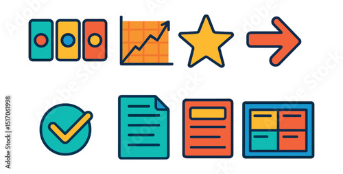 Flat vector icons of story structure: beginning-middle-end icons, rising action chart, climax star, falling action arrow, resolution checkmark, story outline page, scene card, plot board.