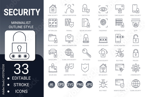 Security and protection outline icons – editable stroke safety symbols for web, app, and ui