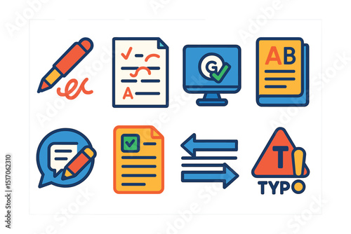 Flat vector icons of editing and proofreading tools: red correction pen, edit marks page, grammar check icon, thesaurus page, comment bubble with edit, proofreading checklist, sentence restructure