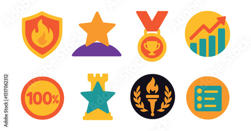 Flat vector icons of gaming achievement ratings: legendary player rating badge, epic quest completion star, top-ranked gamer medal, skill mastery rating icon, game completion 100% badge, strategic