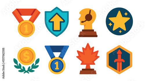 Flat vector icons of in-game achievements for esports: ranked match victory medal, skill-based promotion badge, character mastery trophy, achievement unlock star, in-game currency earner badge, top
