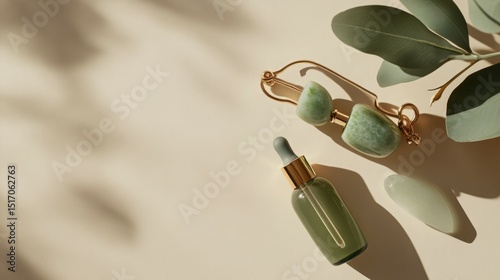 Serene self-care setting with jade roller and face serum.  Soft light and natural greens create a calming mood.