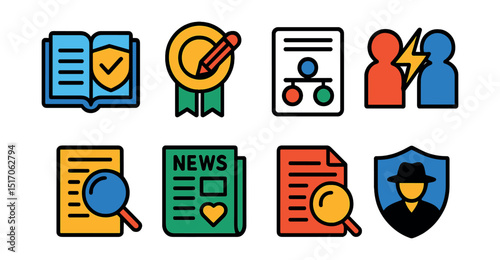 Flat vector icons of media ethics and responsibility: code of ethics icon, journalistic integrity badge, unbiased report, conflict of interest, transparency document, ethical reporting, retraction