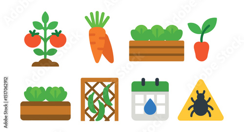 Flat vector icons of vegetable gardening: tomato plant icon, carrot harvest bunch, lettuce row bed, pepper sprout symbol, raised bed garden, trellis with beans, watering schedule chart, garden pest