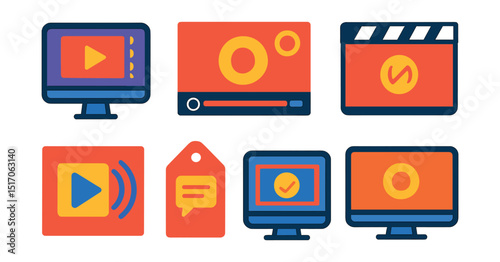 Flat vector icons of branding in video production: intro animation, logo overlay, watermark icon, brand colors in timeline, motion logo icon, brand tone tag, identity frame, outro screen.