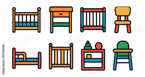 Flat vector icons of children’s furniture: baby crib, changing table, playpen, kids chair, toddler bed, safety gate, toy shelf, high chair.