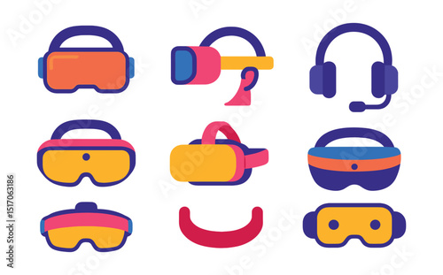 Flat vector icons of VR headsets and wearables: VR headset front view, VR goggles side profile, wireless headset, mixed reality visor, AR+VR combo, standalone headset, comfort strap, built-in audio.