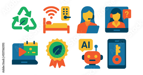 Flat vector icons of hospitality trends: eco-friendly sign, smart room tech, touchless check-in, virtual concierge, hybrid events, sustainability badge, AI chatbot, mobile key.