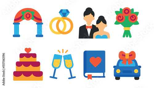 Flat vector icons of wedding services: wedding arch, rings, bride and groom, bouquet, wedding cake, champagne glasses, wedding planner book, decorated car.
