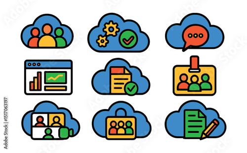 Flat vector icons of team cloud workspace: cloud team icon, collaboration tools, chat in cloud, shared dashboard, project in cloud, group access badge, cloud meeting icon, co-edit permission.