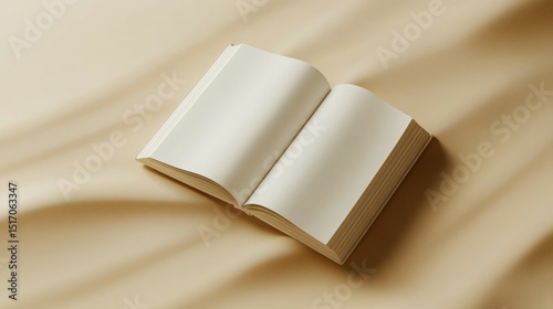 Blank pages of an open book rest on a soft beige fabric.  A minimalist and serene image perfect for various design projects.