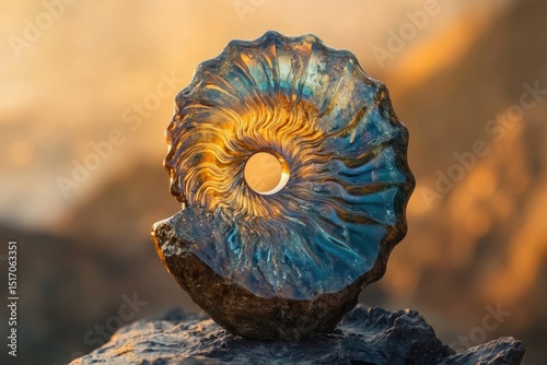 A mesmerizing fossilized ammonite with golden and blue hues, perched on a rock, bathed in the warm light of dusk.
