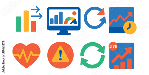 Flat vector icons of real-time analytics: live data stream, real-time dashboard icon, dynamic update symbol, time-sensitive chart, pulse monitor graph, instant alert badge, refresh cycle icon, live