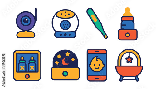 Flat vector icons of baby tech gadgets: baby monitor camera, white noise device, smart thermometer, bottle warmer, UV sterilizer, nightlight projector, digital nanny app, smart cradle.