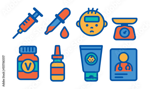 Flat vector icons of infant medical care: baby syringe, medicine dropper, fever patch, infant scale, vitamin bottle, nasal spray, baby ointment, doctor visit card.