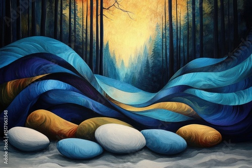 Abstract landscape painting: stylized blue waves, textured stones, and silhouetted trees against a warm, light background.