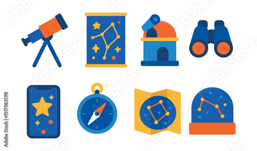 Flat vector icons of astronomy tools: telescope, star chart, observatory, binoculars, space app, compass, sky map, planetarium.