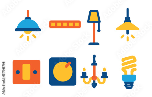 Flat vector icons of lighting and fixtures: ceiling light, LED strip, floor lamp, pendant lamp, light switch, dimmer dial, chandelier icon, energy bulb.