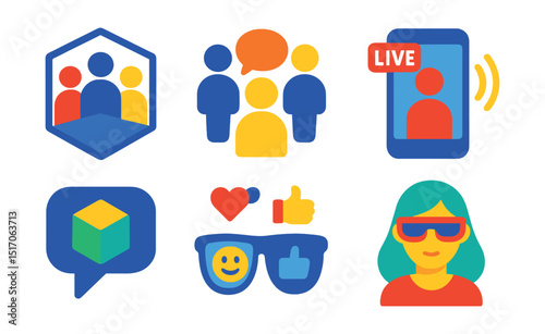 Flat vector icons of AR community and social features: shared AR space, group interaction icon, social filter frame, live AR stream, comment bubble with 3D icon, reaction emojis in AR, community