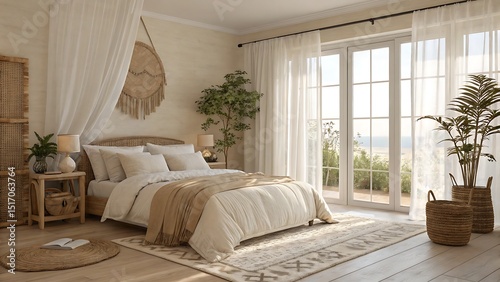 A serene bedroom with natural light and neutral tones featuring plants