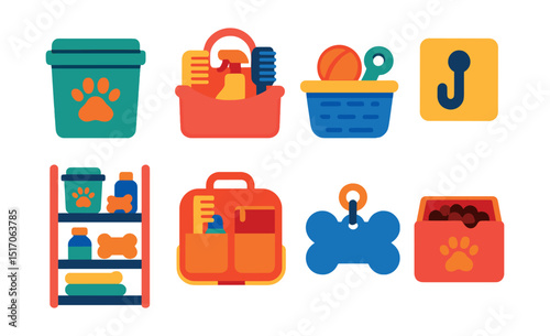 Flat vector icons of pet supplies and storage: food bin, grooming caddy, toy basket, leash hook, supply shelf, travel organizer, label tag, treat drawer.