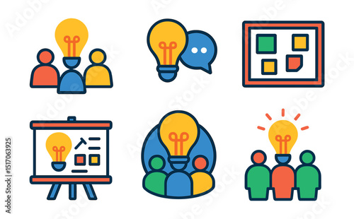 Flat vector icons of brainstorming and ideation: team brainstorming icon, lightbulb with chat, idea cloud, sticky note board, whiteboard sketch icon, collaborative thinking badge, group creativity