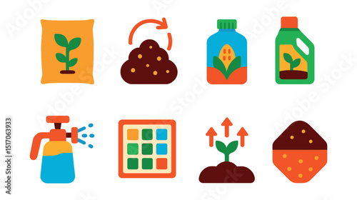 Flat vector icons of fertilizer and nutrition: fertilizer bag, compost icon, organic feed, liquid plant food, fertilizer sprayer, nutrient chart, plant growth icon, balanced soil mix.