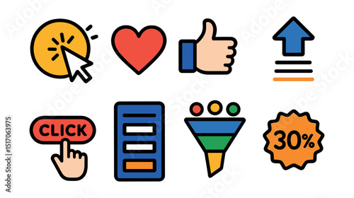 Flat vector icons of advertising engagement and conversion: click icon, heart and like buttons, video view counter, swipe-up arrow, CTA response icon, sign-up form, sales funnel, conversion rate