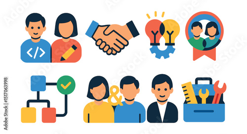 Flat vector icons of cross-functional collaboration: developer-designer icon, cross-team handshake, role alignment badge, shared expertise icon, integrated workflow, co-lead symbol, specialist