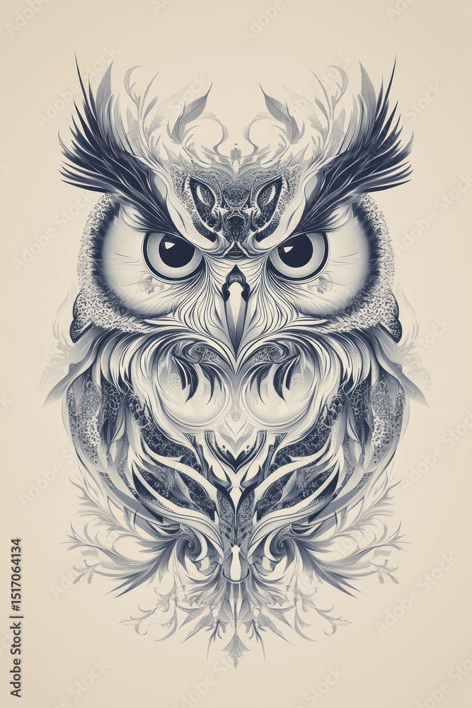 Detailed grayscale illustration of an owl. Intricate decorative design on feathers and face. Symmetrical composition. Muted tones Detailed grayscale illustration of an owl. Intricate decorative design on feathers and face. Symmetrical composition. Muted tones