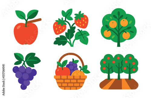 Flat vector icons of fruits and berries: apple on branch, strawberry patch, berry bush, citrus tree, grapes icon, fruit basket, melon vine, orchard row.
