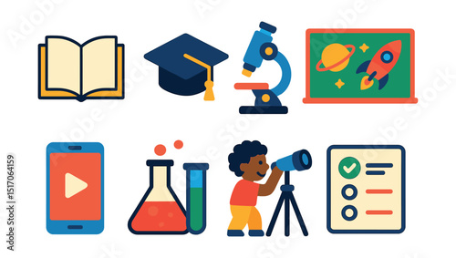 Flat vector icons of learning and science: open book, graduation cap, microscope, space-themed board, digital learning app, science lab tools, child with telescope, quiz form.