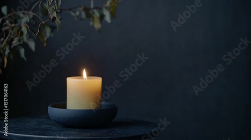 A single, softly lit candle sits on a dark, circular dish.  Dried branches hang overhead, creating a serene and contemplative mood.