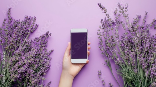 Woman's hand holding a smartphone with a blank screen, surrounded by lavender flowers on a purple background. Calming, serene aesthetic.