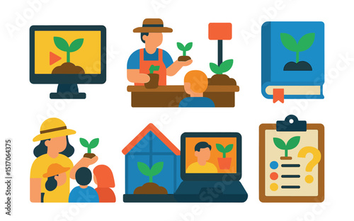 Flat vector icons of gardening education and learning: how-to video icon, garden workshop, plant label, botany book, kids gardening class, greenhouse school, online course icon, garden quiz.