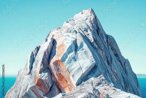 A majestic mountain peak with textured rocky surfaces, against a clear blue sky and a glimpse of blue water in the background.
