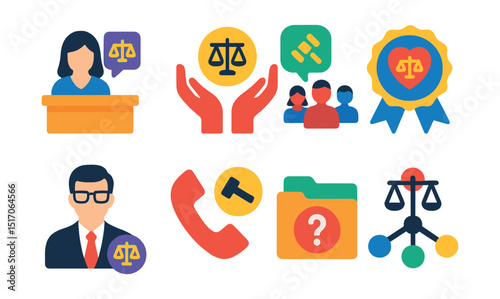 Flat vector icons of legal support and assistance: legal help desk, support hands icon, community legal aid, pro bono badge, lawyer volunteer, legal hotline, help folder, support network.