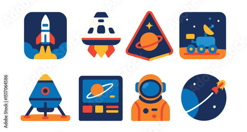 Flat vector icons of space missions: launch rocket, crew capsule, mission patch, rover on surface, landing module, control station, space suit, orbit insertion.