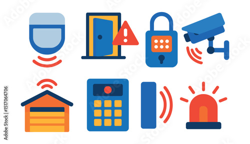 Flat vector icons of security and monitoring: motion detector icon, open door alert, smart lock icon, video surveillance, garage sensor, alarm system panel, entry sensor, siren icon.