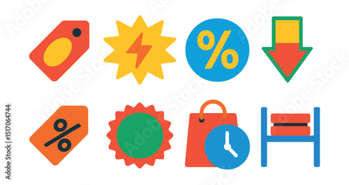 Flat vector icons of sales and discounts: big sale tag, flash sale badge, percent discount, markdown sign, price slashed, clearance icon, retail countdown, deal shelf.