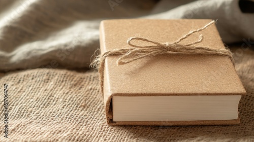 A rustic brown book, simply tied with twine, rests on burlap fabric.  The muted tones create a calm and cozy atmosphere.