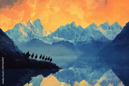 Birds perched on a rocky outcrop overlooking a serene lake reflecting snow-capped mountains against a dramatic sky, showcasing natural beauty.
