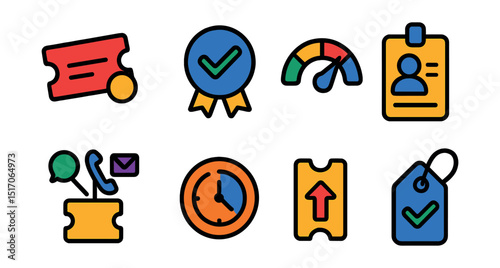 Flat vector icons of tickets and issue tracking: open ticket icon, solved case badge, ticket status meter, ticket ID card, multi-channel ticketing, response time icon, escalation arrow, issue