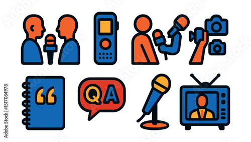 Flat vector icons of interviews and coverage: two-person interview icon, voice recorder, on-camera interview, press questions, notebook with quotes, Q&A bubble, discussion mic, TV interview.