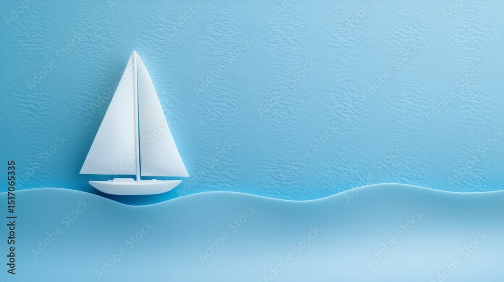 Fototapeta premium A small sailboat on a serene blue ocean. Minimalist paper art concept of summer, travel, and adventure.