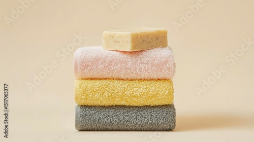 A stack of fluffy towels in pastel pink, yellow, and gray, topped with a bar of soap.  Soft, clean, and inviting.