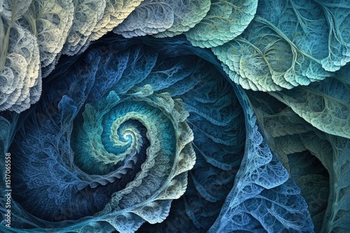 Abstract spiral fractal art with swirling patterns and cool blue and turquoise color palette creating depth.
