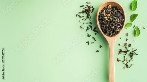 Loose leaf tea in a wooden spoon against a light green background. The tea leaves are dark and appear to be a blend of various types.