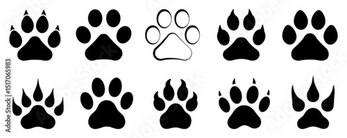 Animal paw print icons set in black silhouettes of dog, cat, bear, wolf, and wild animal tracks. Vector footprint symbols for pet designs. Wildlife signs symbol isolated vector illustration.